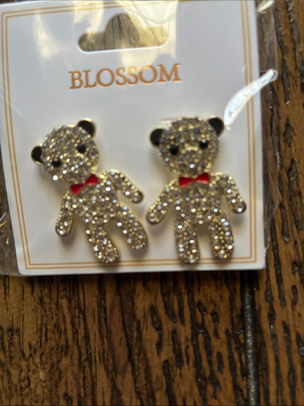 Blossom Gold Teddy Bear Rhinestone Kids Earrings - Gold with Red Bow
